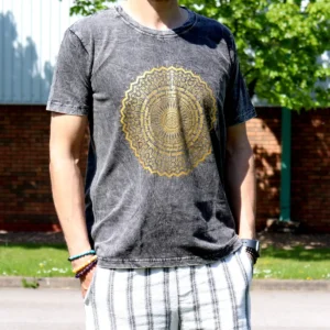 Ciemnoszary T-Shirt z Efektem Sprania - Mandala - M