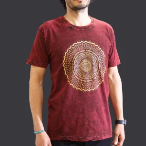 Czerwony T-Shirt z Efektem Sprania - Mandala - M